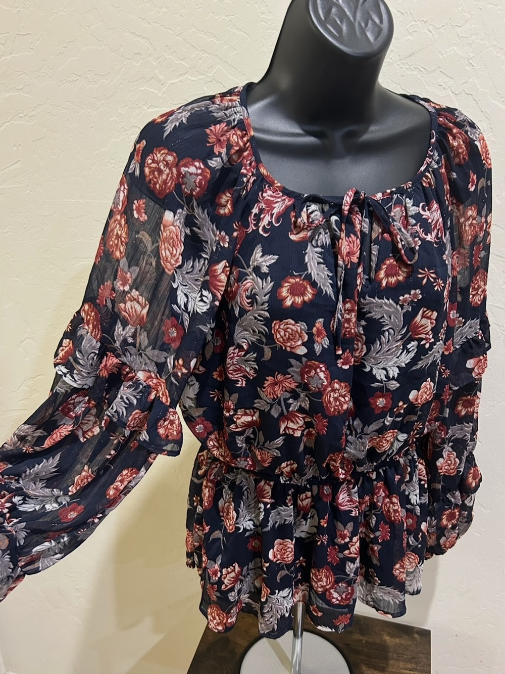Maurices Navy Floral Tie-Neck Peplum Blouse